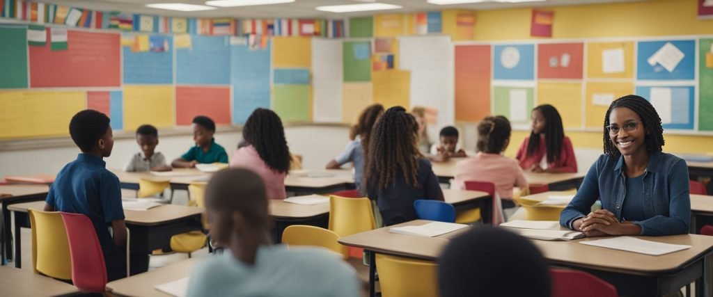 Uma sala de aula colorida com diversos símbolos de identidade nas paredes, como bandeiras, mapas e fotos de família. Um professor conduz uma discussão com alunos engajados