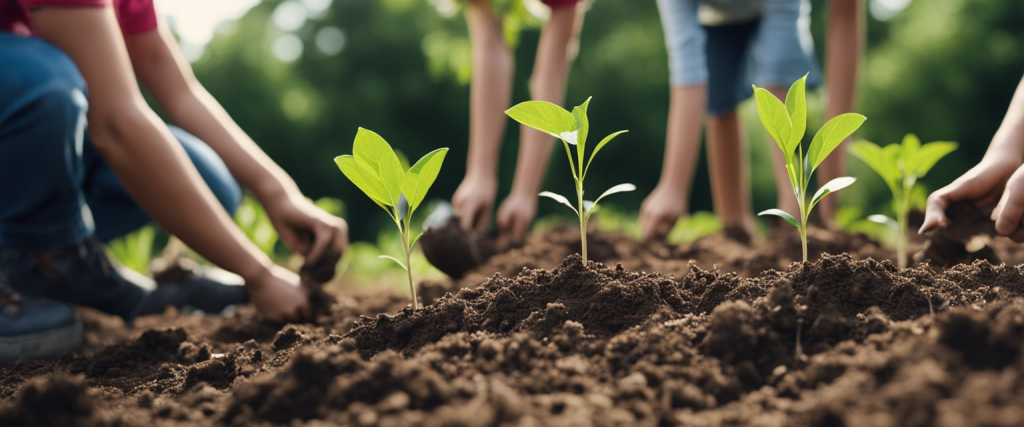 várias crianças participando de atividades de plantio de árvores