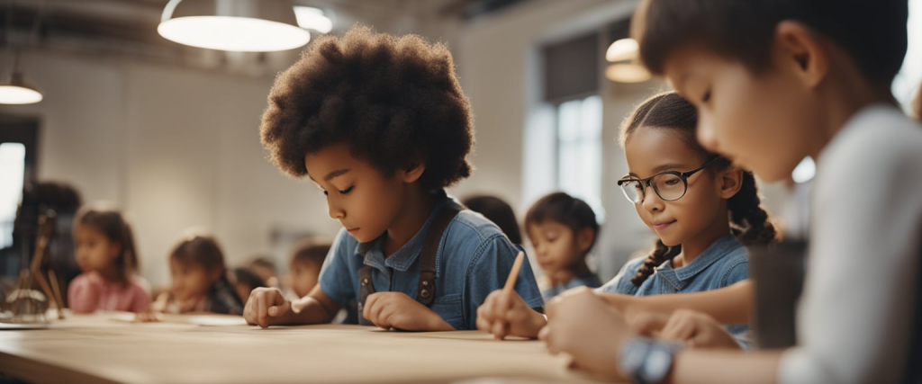 crianças participando de uma aula de artes