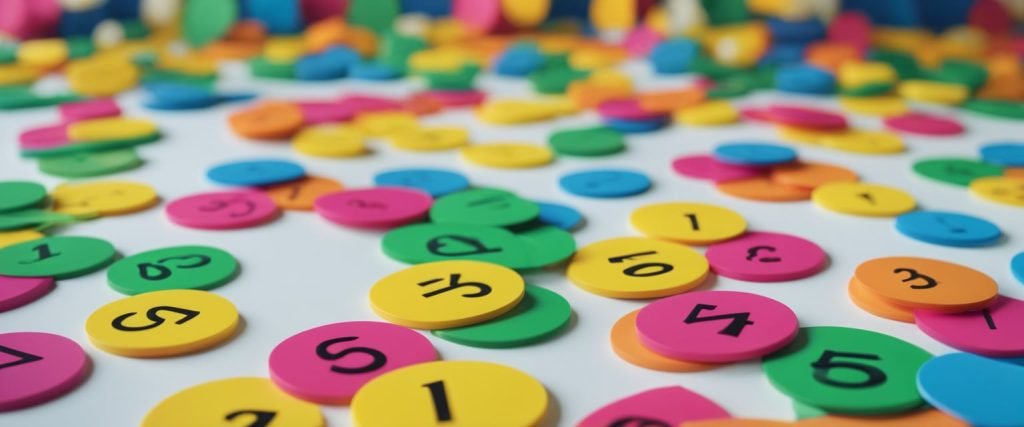 Números coloridos e objetos de contagem espalhados no chão de uma sala de aula iluminada e divertida. Mesa de professor com materiais educativos ao fundo