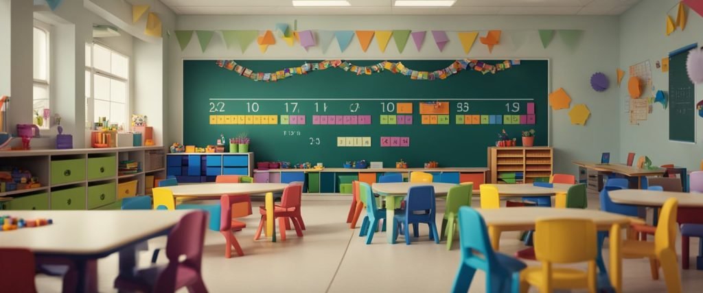 Uma sala de aula colorida com atividades matemáticas infantis e tabelas numéricas nas paredes. Brinquedos e manipulativos estão espalhados pela sala