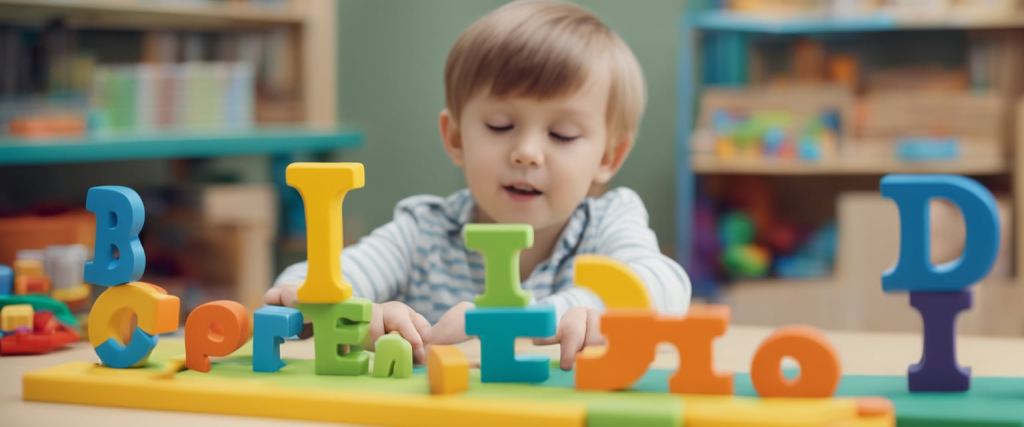 criança pequena da educação infantil formando palavras com vogais de brinquedo