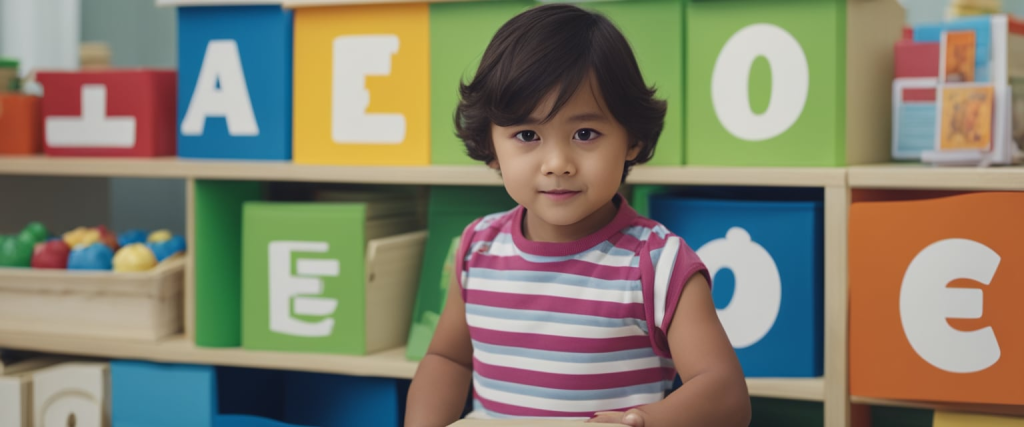 criança pequena da educação infantil formando palavras com vogais de brinquedo