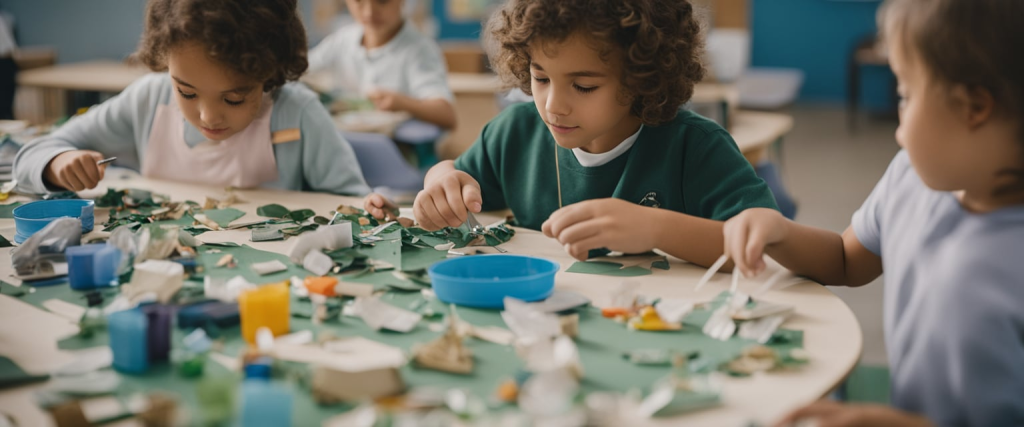 crianças pequenas fazendo colagens com materiais reciclados em uma aula de artes