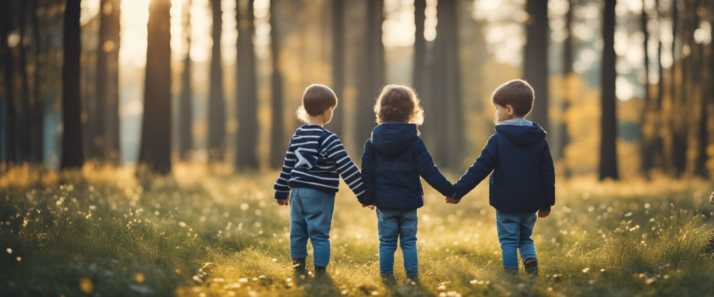 crianças de mãos dadas passeando ao ar livre