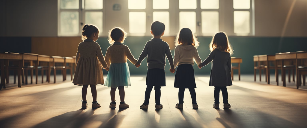 crianças de mãos dadas em um cenário de sala de aula