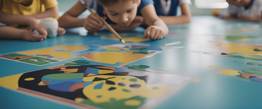 crianças pequenas pintando cartazes no chão da sala de aula