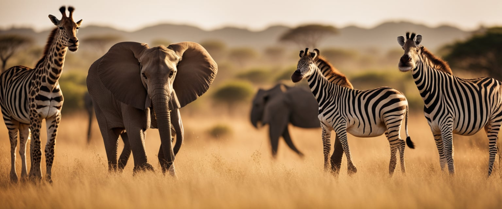 elefantes e zebras em uma savana africana