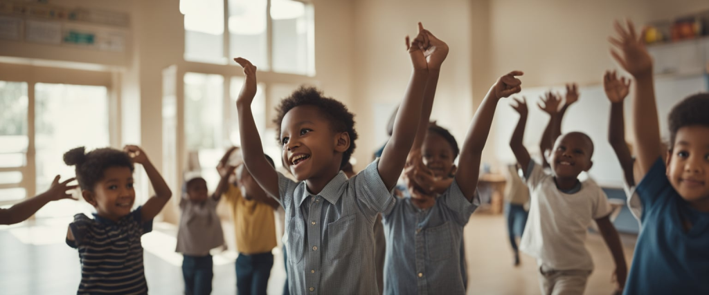 crianças da educação infantil participando de uma dinâmica de grupo sobre meios de comunicação