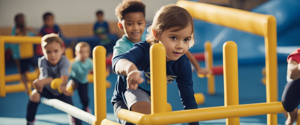 crianças pequenas da educação infantil percorrendo um circuito de obstáculos em uma aula de educação física na escola