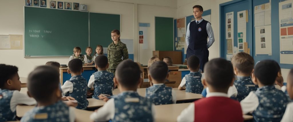 Um grupo de crianças pequenas senta-se em círculo, ouvindo atentamente enquanto a professora mostra fotos de soldados e explica o significado do dia. A sala de aula é decorada com símbolos e cores patrióticas