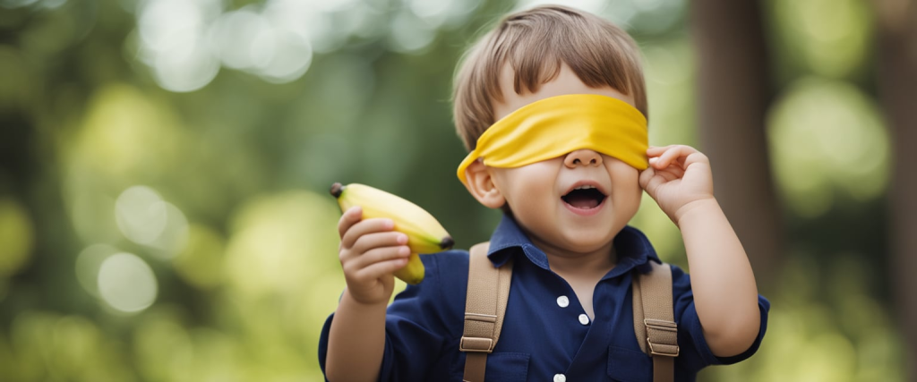 Criança pequena com venda nos olhos comendo uma banana