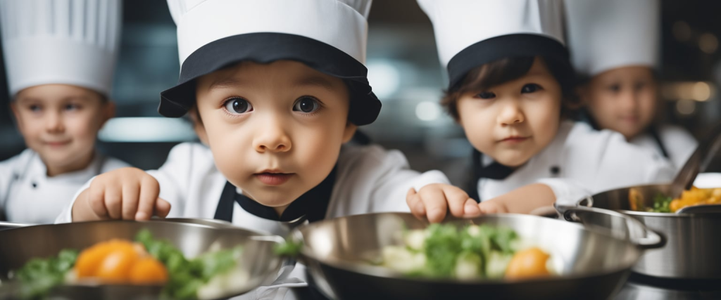 criança pequena com chapéu de cozinheira, preparando pratos saudáveis