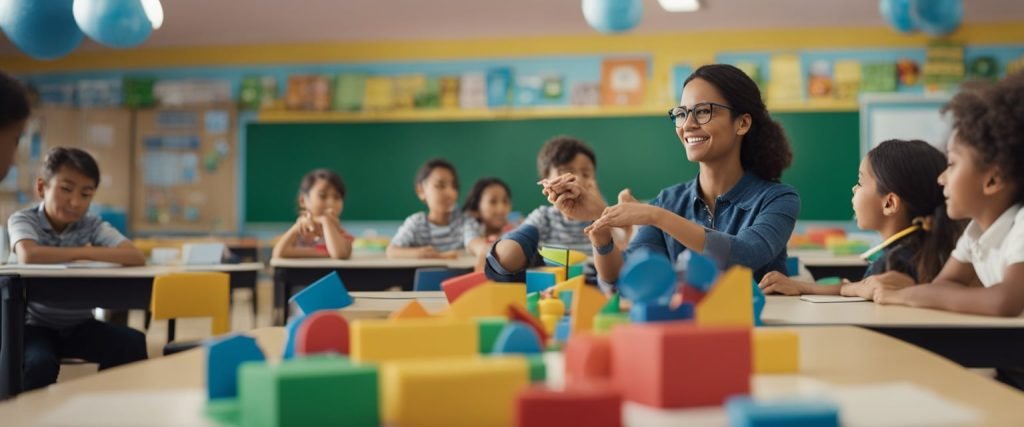 Uma sala de aula repleta de materiais didáticos e brinquedos coloridos, com um professor à frente, explicando e demonstrando atividades relacionadas ao tema “Dia do Soldado” para os jovens estudantes