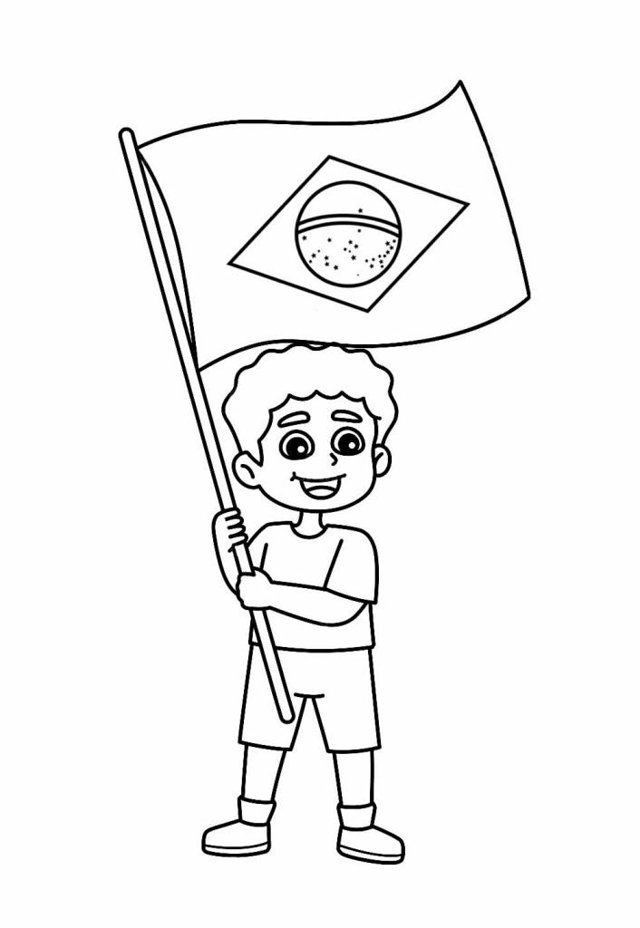 Desenho para colorir de um menino segurando a bandeira do Brasil