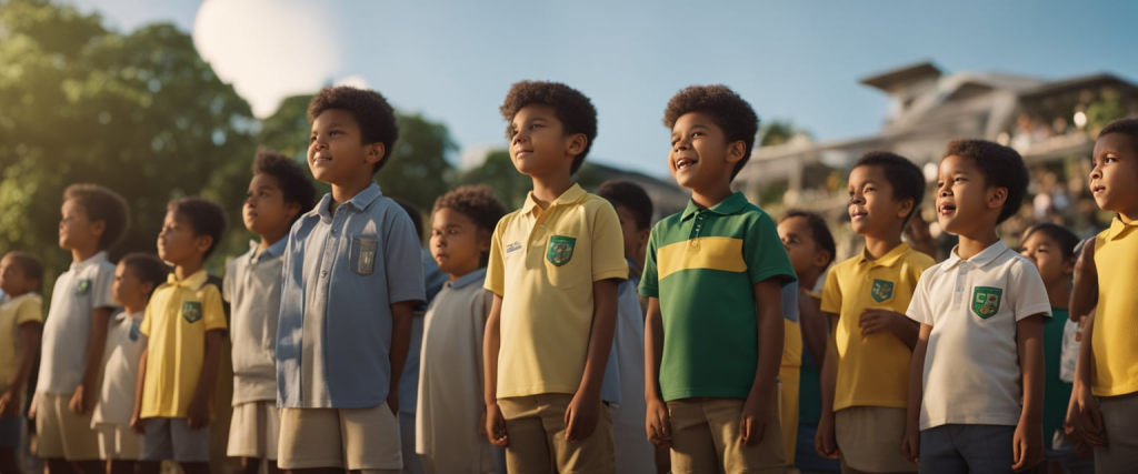 crianças pequenas em posição de sentido cantando o hino do Brasil