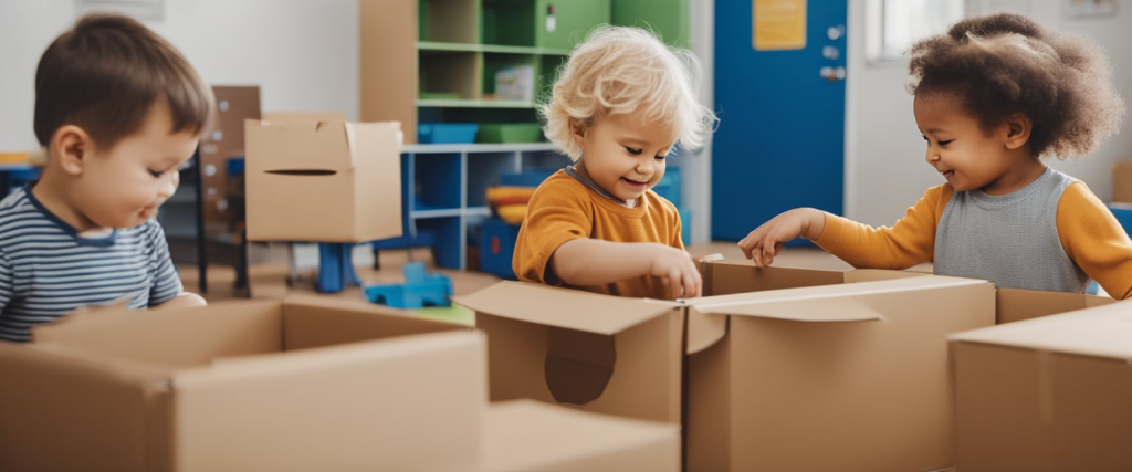 crianças da creche brincando com caixas de papelão