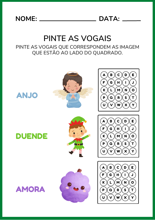 Atividade de imprimir para pintar vogais das palavras