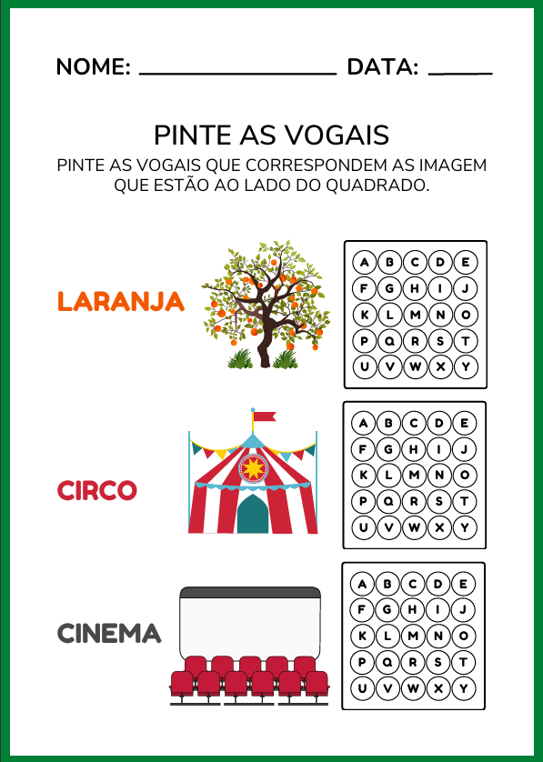 Atividade de imprimir para pintar vogais das palavras