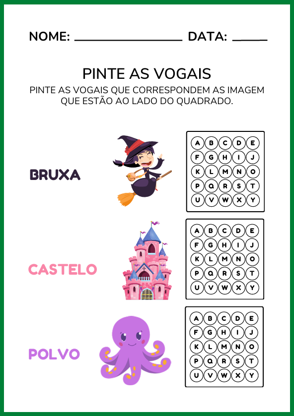 Atividade de imprimir para pintar vogais das palavras