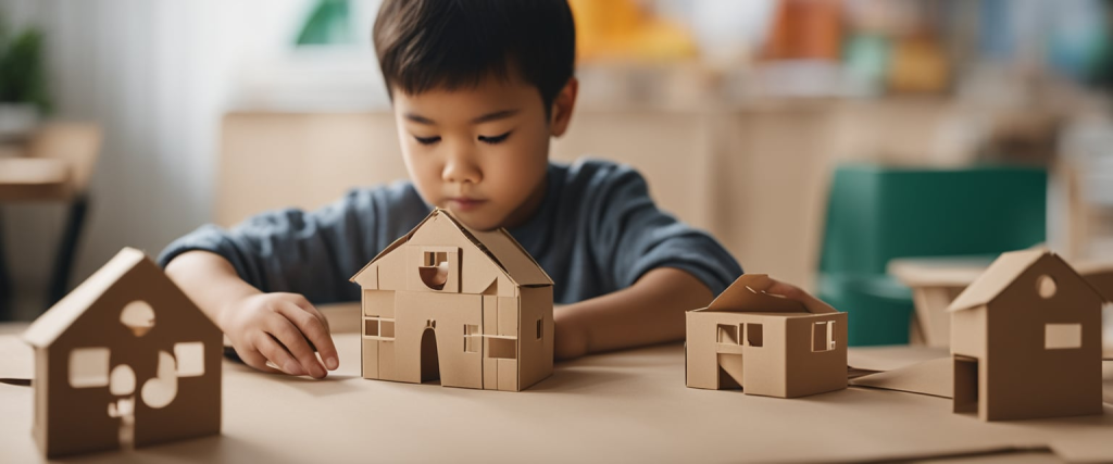 aluno da creche montando casinhas de caixa de papelão reciclado