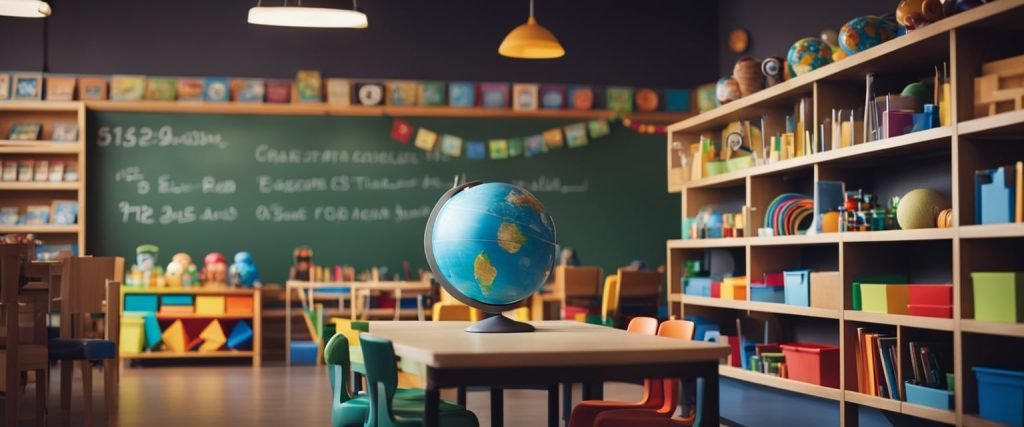 Uma sala de aula colorida com vários materiais didáticos e brinquedos dispostos ordenadamente em prateleiras. Um quadro-negro exibe um plano de aula bem organizado para a educação infantil