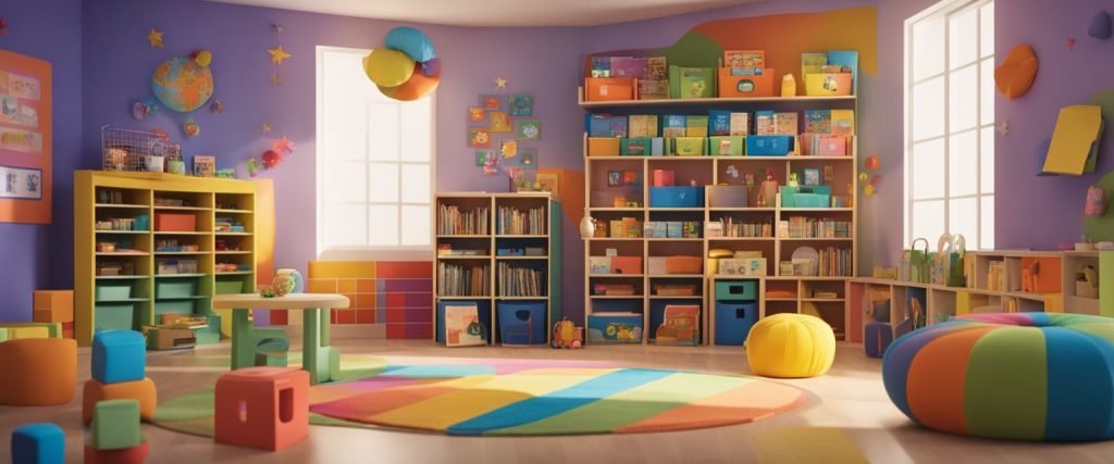 Uma sala de aula colorida com brinquedos educativos, livros e materiais de arte organizados em prateleiras. Um cantinho de leitura aconchegante com almofadas macias e um tapete. Cartazes coloridos com números, letras e formas decoram as paredes