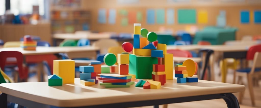 Uma sala de aula colorida com diversos materiais didáticos, incluindo recursos táteis e visuais, dispostos para a educação inclusiva na primeira infância