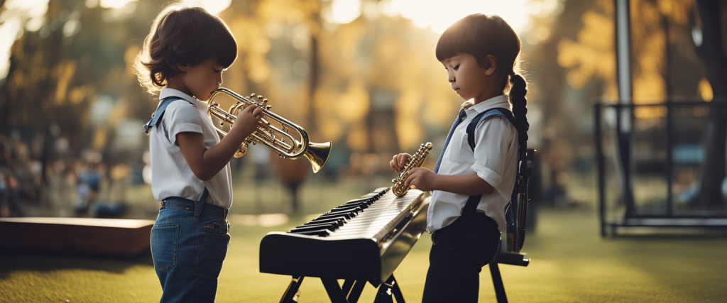 crianças tocando instrumentos musicais