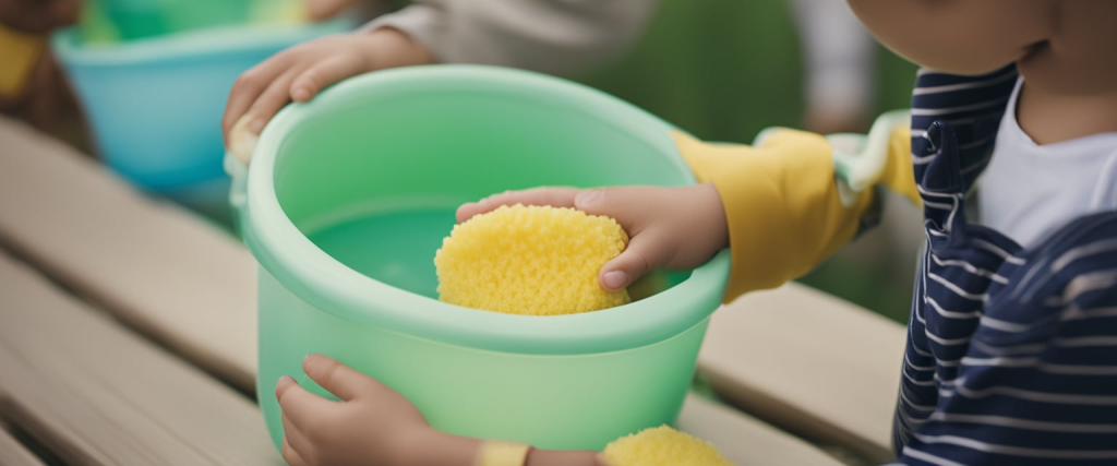 crianças da creche brincando com esponjas