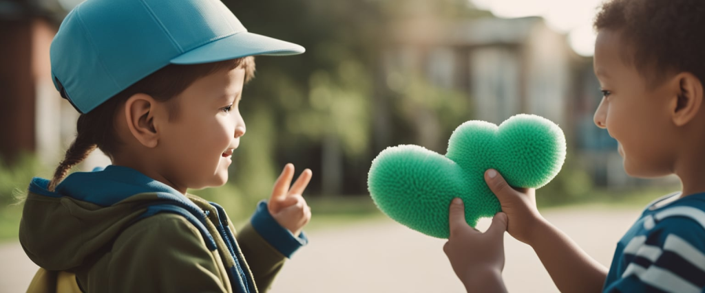 duas crianças pequenas da creche conversando entre si e levando uma esponja nas mãos