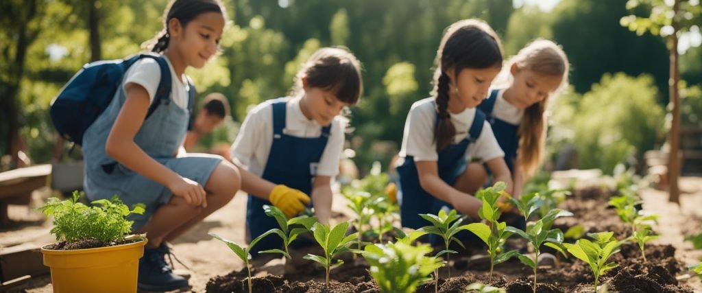 crianças cuidando de plantas