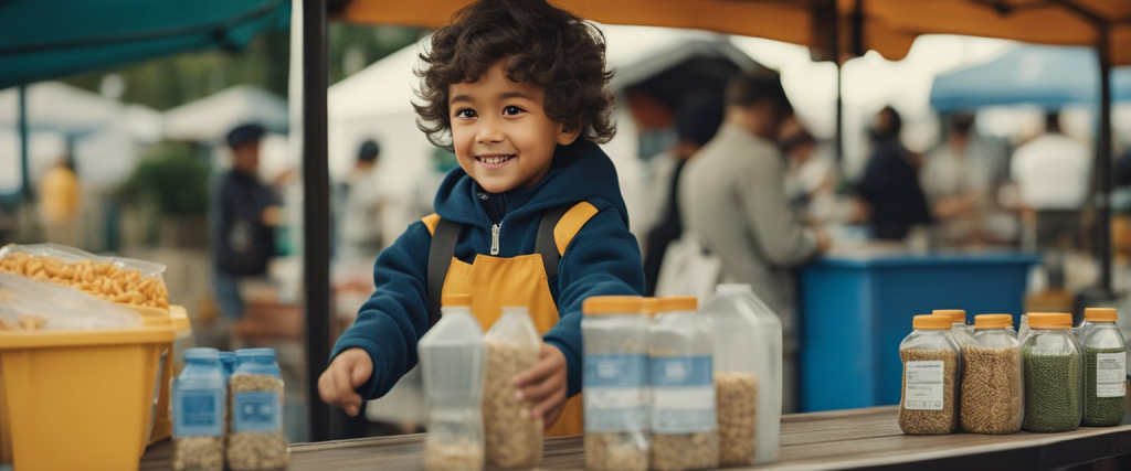 criança pequena vendendo alimentos em uma barraca