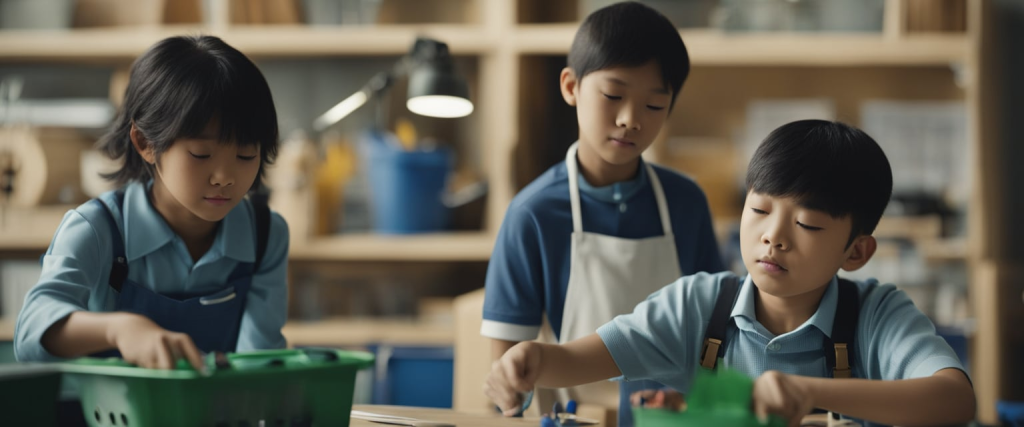 crianças da pré-escola confeccionando e vendendo produtos recicláveis