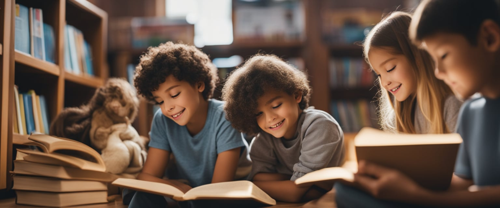 crianças lendo livros infantis no cantinho da leitura em uma sala de aula