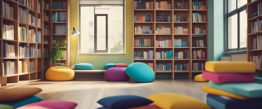 cantinho da leitura bem colorido na sala de aula, com almofadas no chão, com estantes de livros organizados