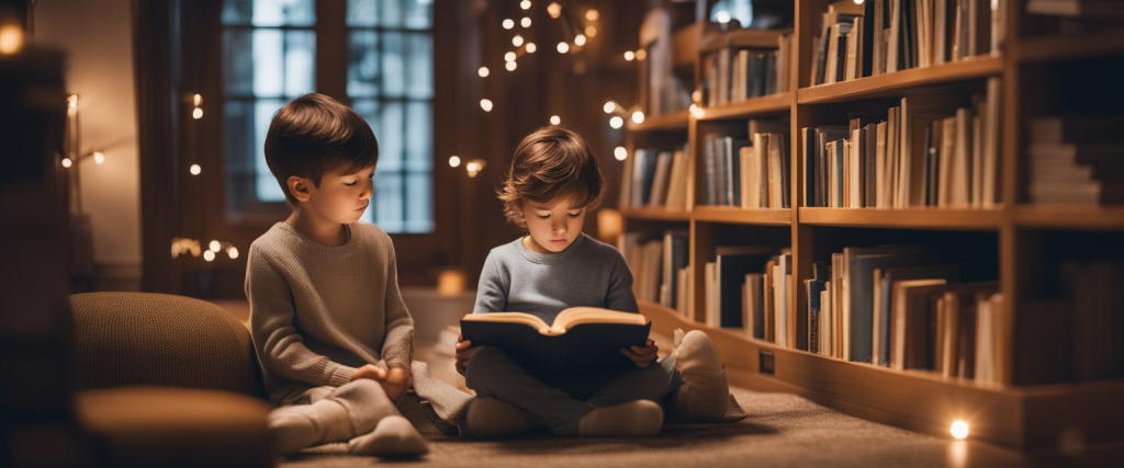 crianças lendo um livro no cantinho da leitura