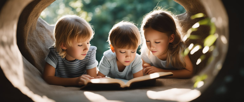 crianças pequenas lendo livros infantis em um cantinho de leitura bem muito bem iluminado