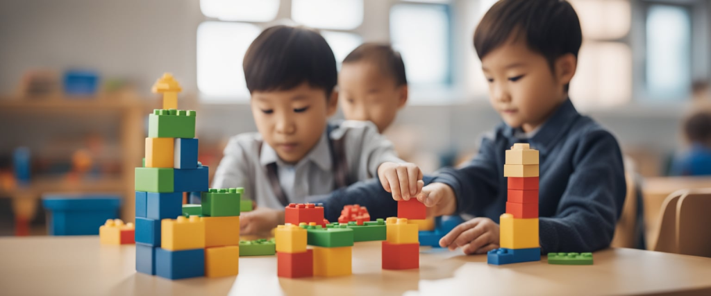 crianças pequenas brincando com blocos de montar em uma sala de aula