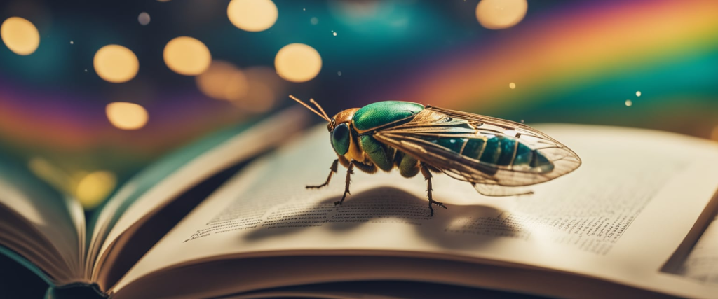 uma cigarra que sai voando de dentro de um livro infantil colorido