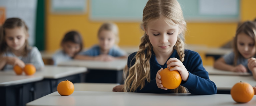 menina pequena e loira descascando uma laranja na escola