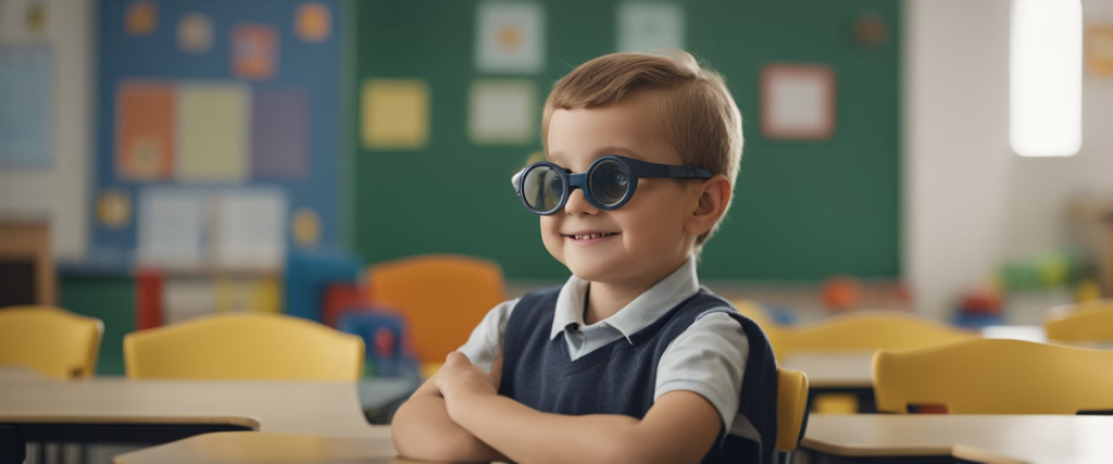 criança pequena da creche com necessidades especiais de visão em uma sala de aula