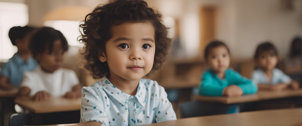 uma menina pequena da creche muito bem vestida e arrumada.