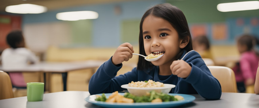 uma menina da creche se alimentando de forma independente