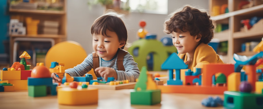 crianças pequenas da creche guardando e organizando brinquedos de forma independente