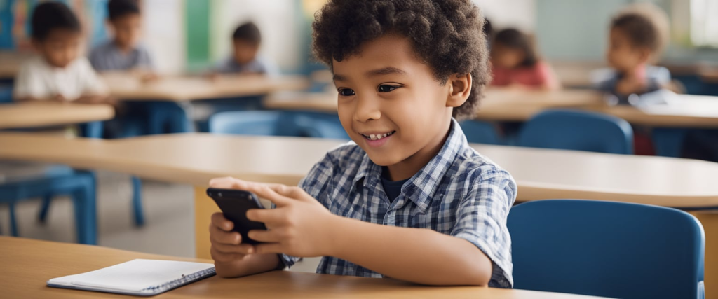 criança da creche olhando um telefone celular enquanto aprende sobre meios de comunicação.