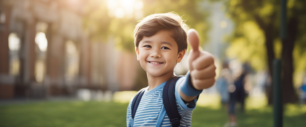 criança da creche fazendo gesto de positivo com o dedo