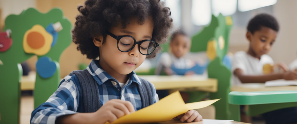 criança pequena da pré-escola lendo um bilhete e aprendendo sobre meios de comunicação