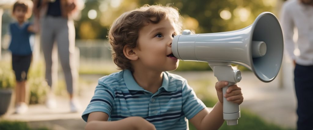 criança da educação infantil participando de um projeto sobre meios de comunicação e usando um megafone