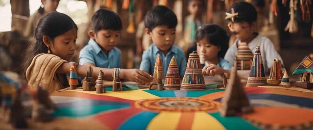 Um grupo de crianças se reúne em torno de uma exposição colorida de artesanato e artefatos indígenas, aprendendo sobre a rica herança cultural das comunidades indígenas como parte de seu currículo de educação infantil